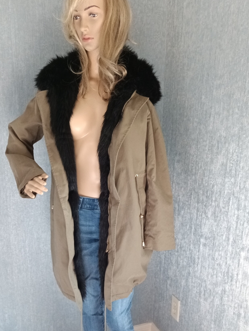 Fabulous Furs Olive Parka with Black Faux Fur Hood Trim